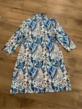 Jean Pierre Blue and White Botanical Zip Dress